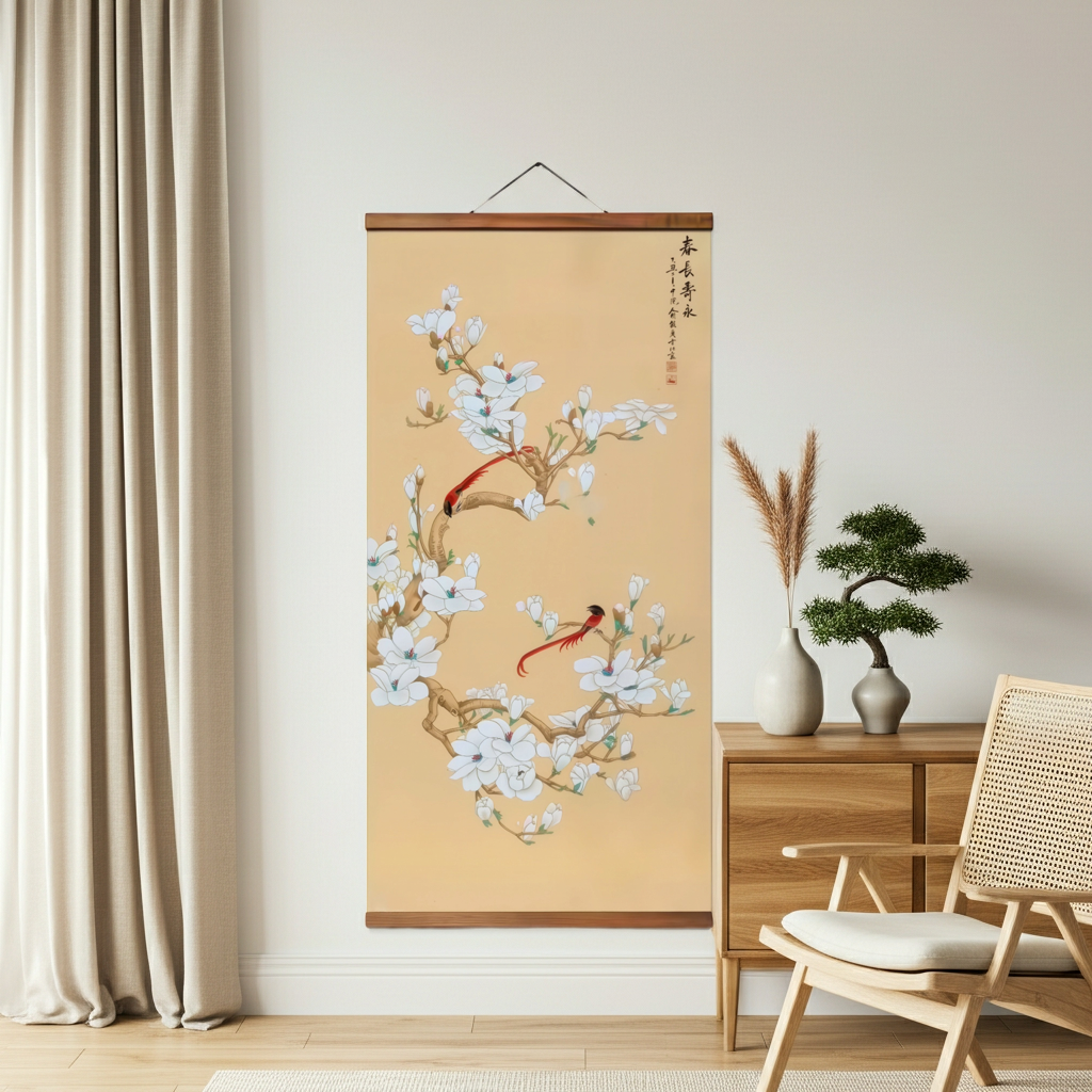 Magnolia & Crimson Birds Wall Scroll