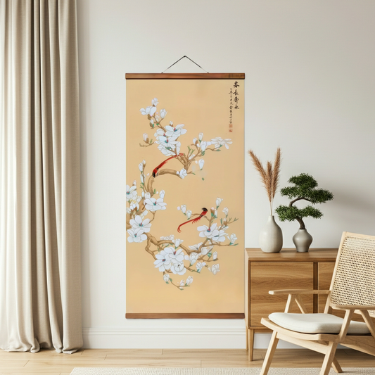 Magnolia & Crimson Birds Wall Scroll