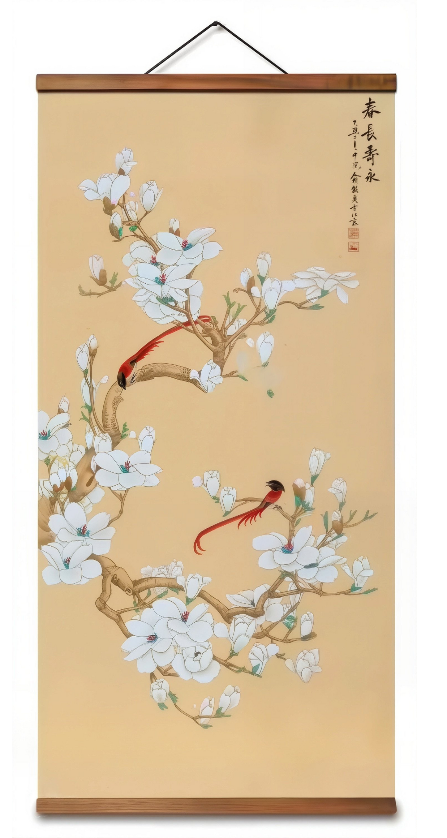 Magnolia & Crimson Birds Wall Scroll