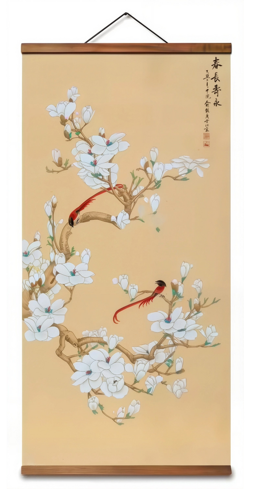 Magnolia & Crimson Birds Wall Scroll